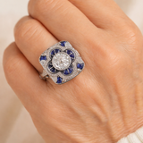 Anello retrò con brillanti blu | Oro bianco