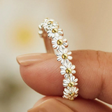 Anello regolabile in smalto fatto a mano con margherite | Oro bianco