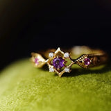 Anello geometrico retrò regolabile con cristalli di ametista viola | Oro