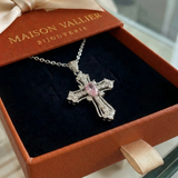 Collana croce celeste rosa | Oro bianco