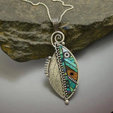 Collana in cristallo con foglia verde vintage | Oro bianco