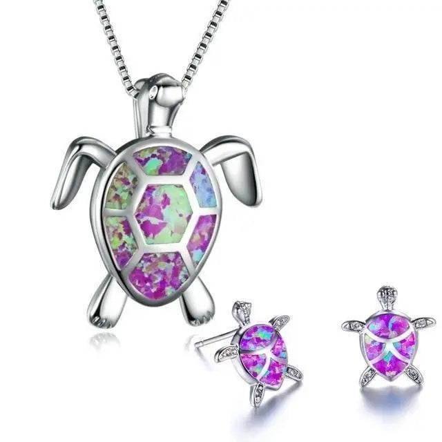 Set di collana e orecchini con tartaruga marina in opale | Oro bianco